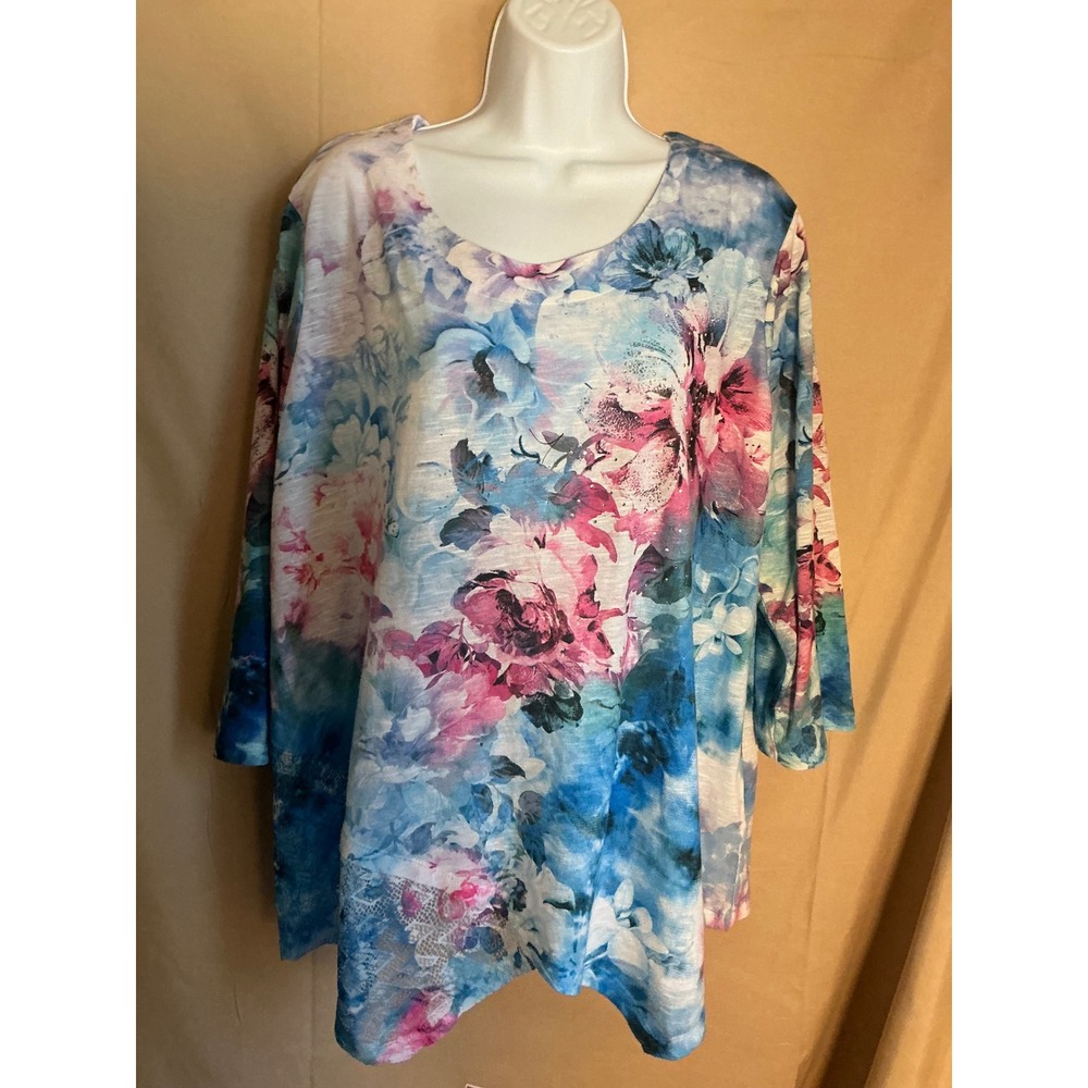 Time and Tru Tunic Top Womens XXXL Blue Pink Excellent Floral Rhinestone Lace
